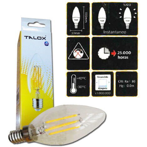 talox bombilla led filamento vela c-37 e14 4 w 3000k 400 lumen