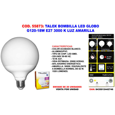 talox bombilla led globo g120-18w g120e2718w 3000 k luz amarilla