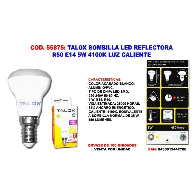 

MIBRICOTIENDA talox bombilla led reflectora r50 e14 5w 4100k luz neutra
