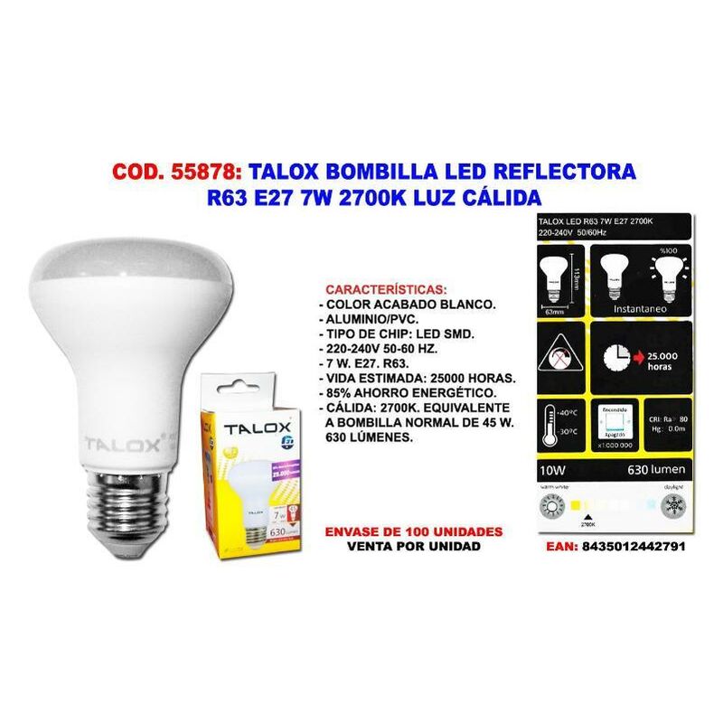 

MIBRICOTIENDA talox bombilla led reflectora r63 e27 7w 2700k luz calida