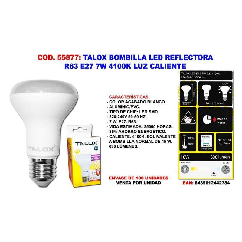 

talox bombilla led reflectora r63 e27 7w 4100k luz neutra - Mibricotienda