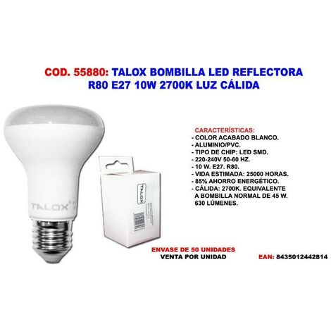 MIBRICOTIENDA talox bombilla led reflectora r80 e27 10w 2700k luz calida
