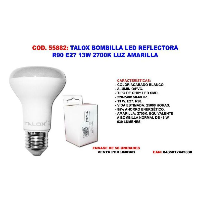 

talox bombilla led reflectora r90 e27 13w 2700k luz amarilla - Mibricotienda