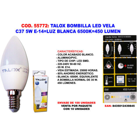 talox bombilla led vela c37 5w e14 l.blanca 6500k 450 lumen (caja 10 unidades)