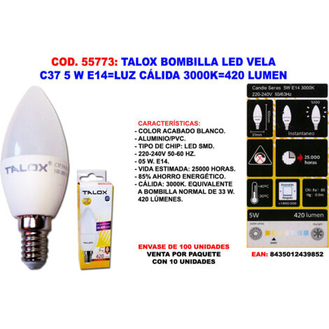 talox bombilla led vela c37 5w e14 l.calida 3000k 420 lumen (caja 10 unidades)