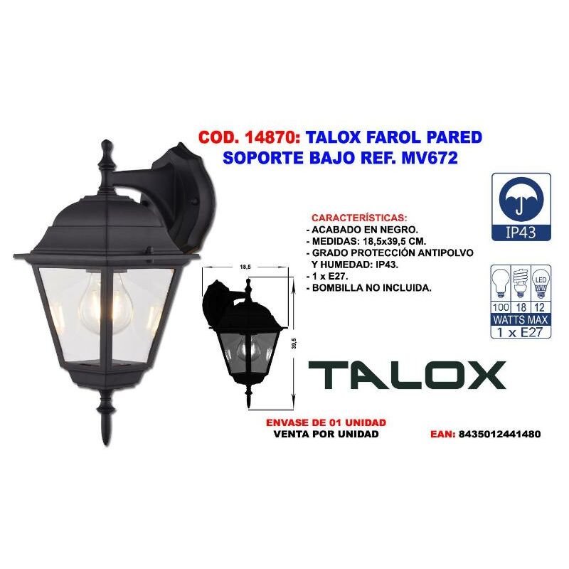 

talox farol pared soporte bajo ref. mv672 - Mibricotienda