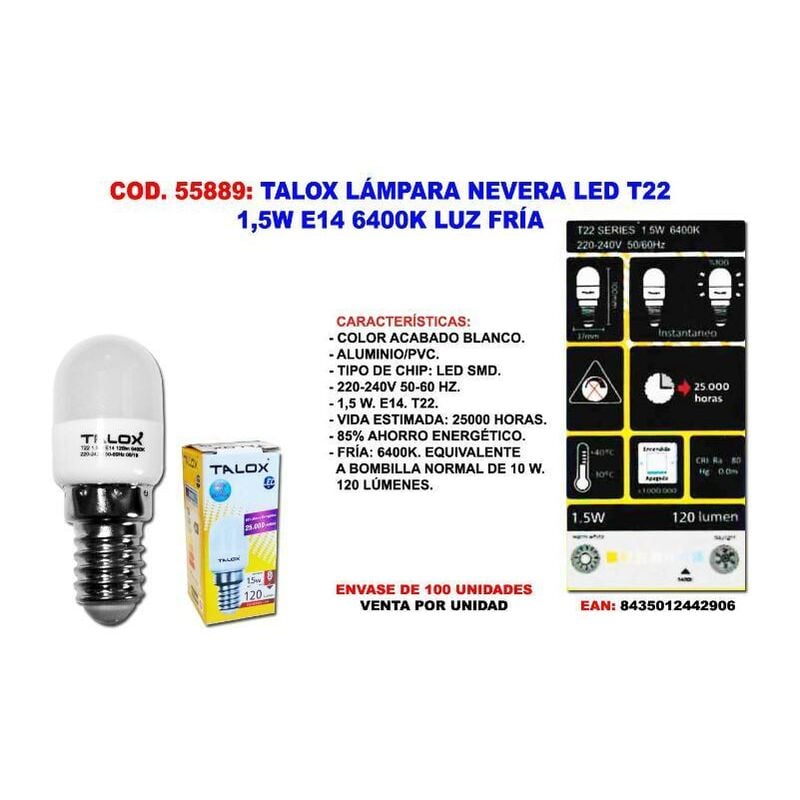 

MIBRICOTIENDA talox lampara nevera led 1,5w e14 6000k