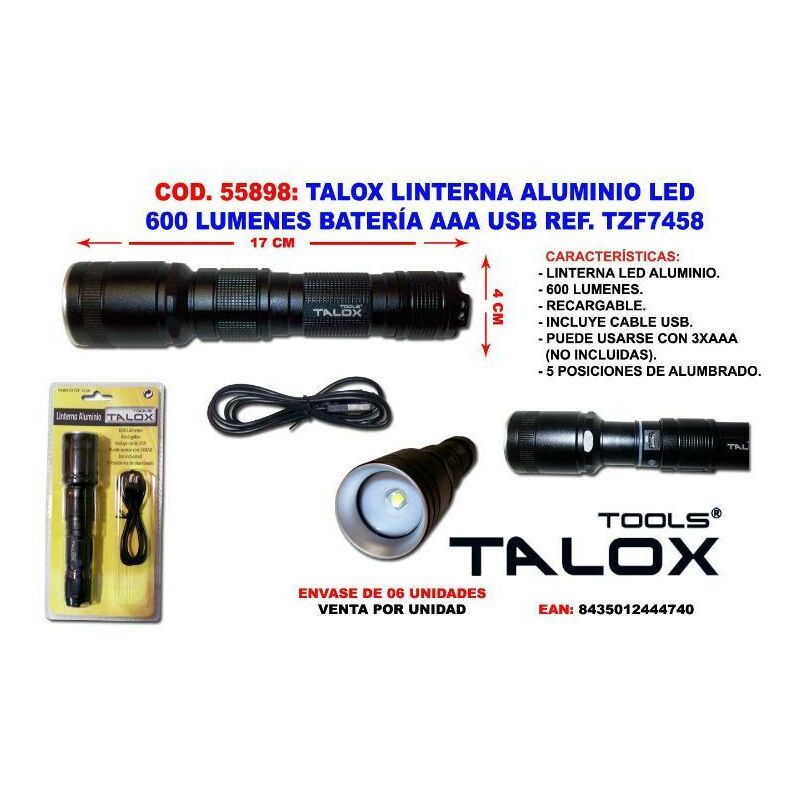 

talox linterna recargable alu led 600 lumen bat aaa usb tzf7458 - Mibricotienda
