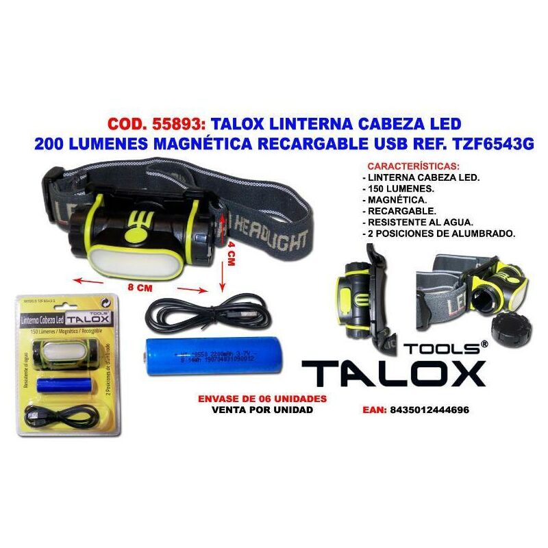 

talox linterna cabeza led 200 lu. magne. recargable usb tzf6543g - Mibricotienda