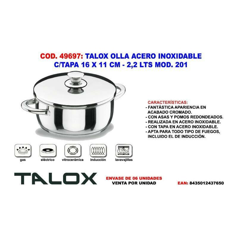 

talox olla acero inox 18-8 c-tapa 16 x 11 cm - 2,2 lts mod. 201 - Mibricotienda