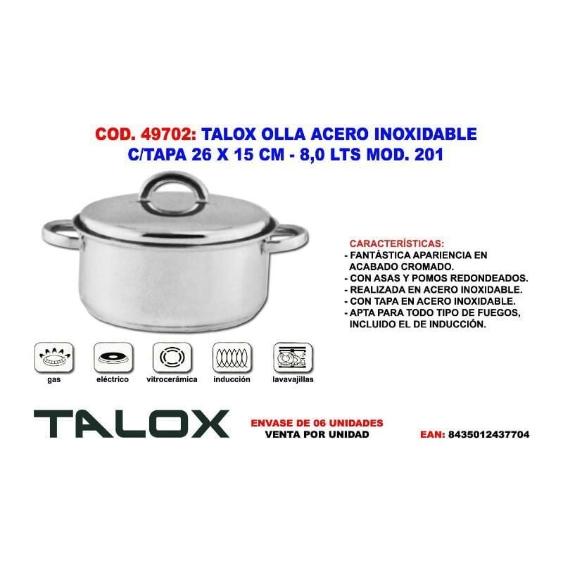 

MIBRICOTIENDA talox olla acero inox 18-8 c-tapa 26 x 15 cm - 8,0 lts mod. 201