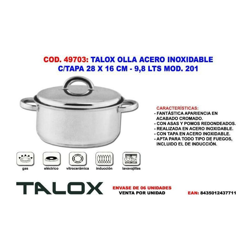 

talox olla acero inox 18-8 c-tapa 28 x 16 cm - 9,8 lts mod. 201 - Mibricotienda