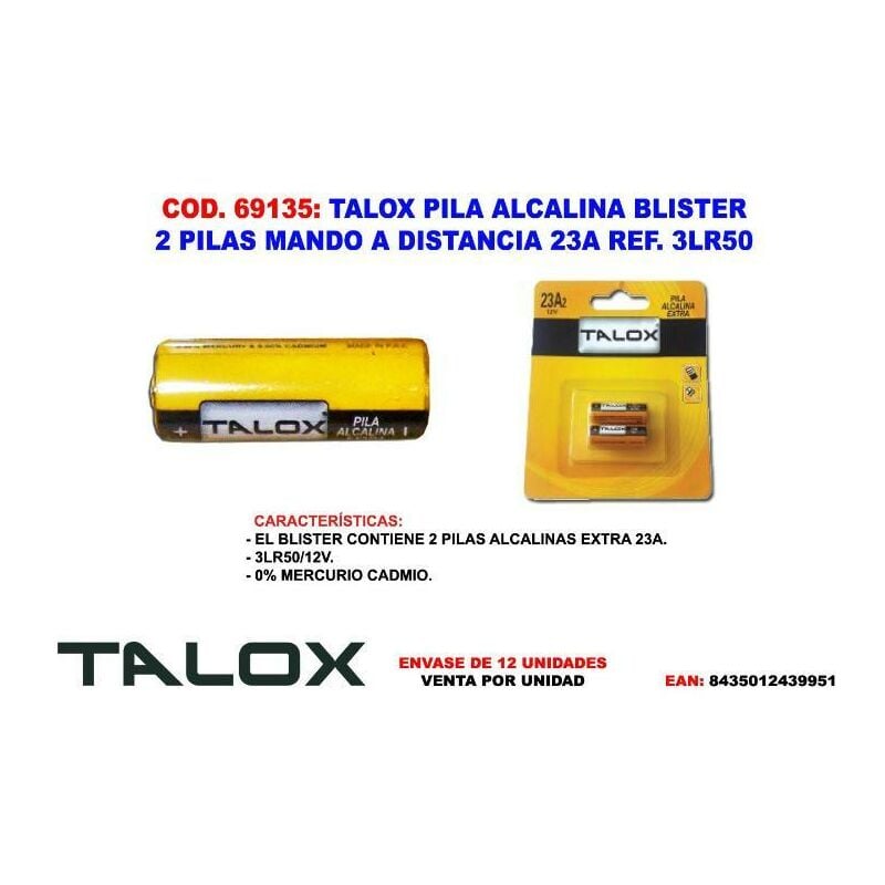 

talox pila alcalina blister 2 pilas mando a distancia 23a2 3lr50 - Mibricotienda