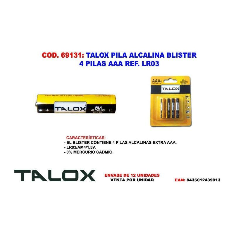 

talox pila alcalina blister 4 pilas aaa lr03 aaa - Mibricotienda