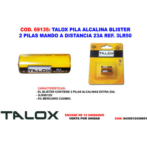TALOX Pilasa Alcalina 23A2 3LR50 Blister 2 Unidades para Mando a Distancia
