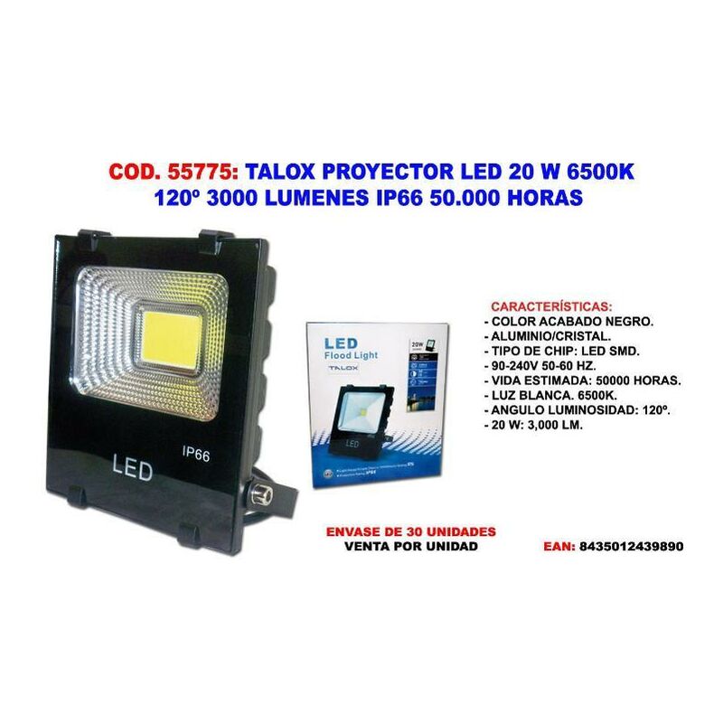 

MIBRICOTIENDA talox proyector led 20 w 6500k 120º 3000 lumenes ip66 50.000 h.