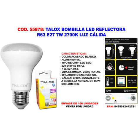 TALOX talox bombilla led reflectora r63 e27 7w 2700k luz calida