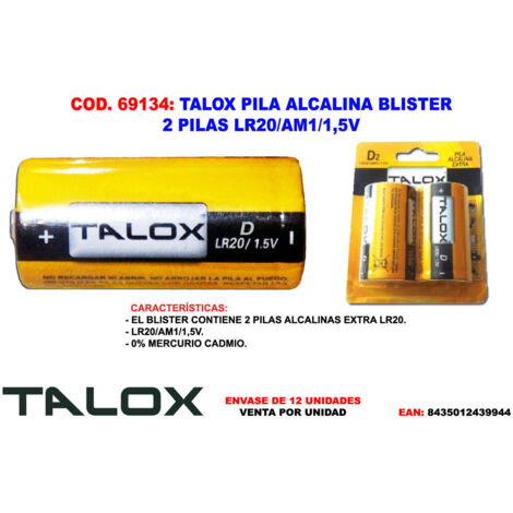 TALOX talox pila alcalina blister 2 pilas  d lr20 , talox pila alcalina blister 2 pilas  d lr20