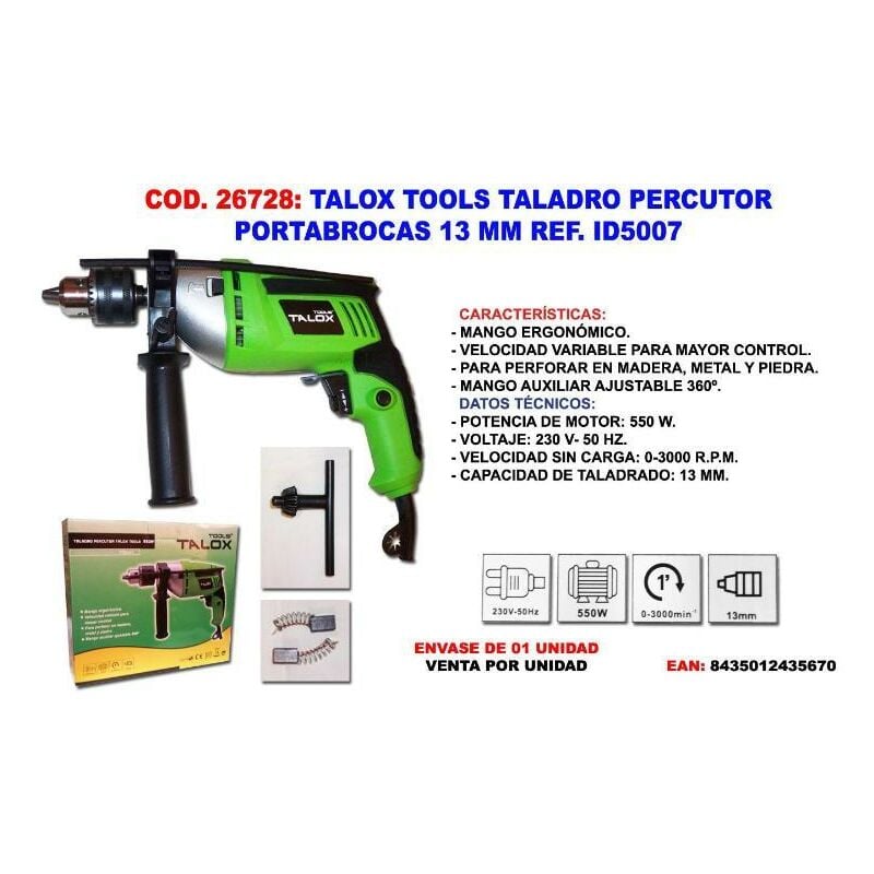 

MIBRICOTIENDA talox tools taladro percutor 550 w portabrocas 13 mm ids007