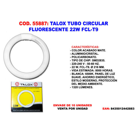 talox tubo circular fluorescente 22 w fcl-t9 1320 lume ø216 mm