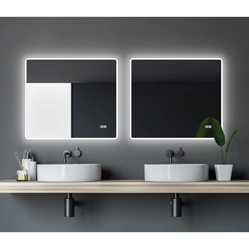 Talos - Miroir mural Sun 80 x 70 cm - Miroir de salle de bain avec éclairage panoramique et horloge numérique - Cadre en aluminium de haute qualité