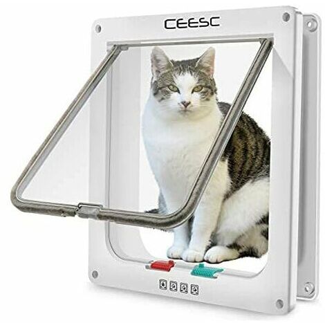 Tamaño 4 posiciones Puerta para mascotas Gato Perro Cerradura con cerradura Puerta con solapa Escotilla para mascotas (XL: 25 5.5 27.7 cm, blanco)