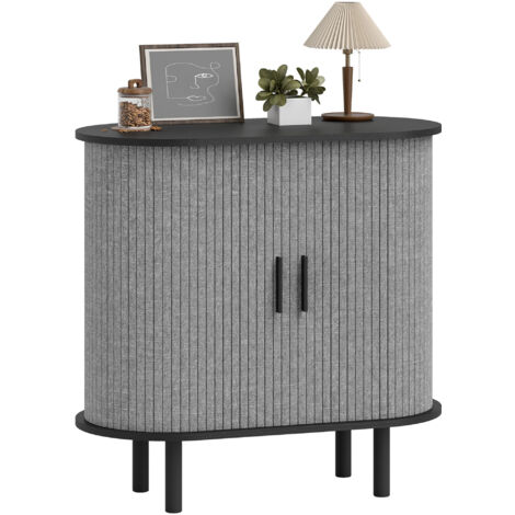 Tambour Sideboard with Fluted Sliding Doors, Modern Kitchen Cupboard with Storage Shelves and Wooden Legs, Grey