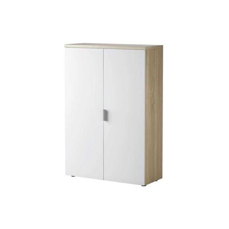Meuble de bureau avec deux portes battantes et trois étagères fixes, parfait pour une utilisation au bureau, couleur chêne et blanc mat, Dimensions