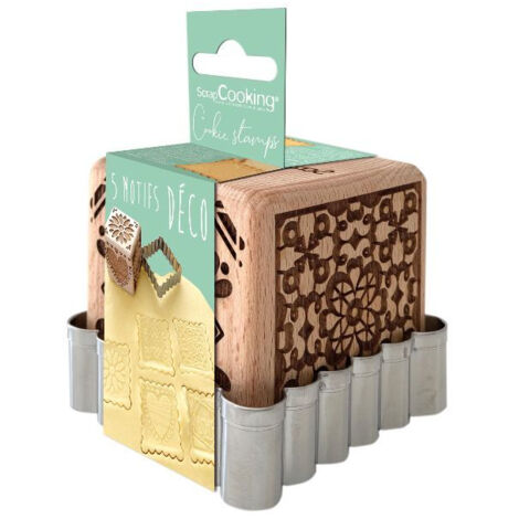 Tampon à Biscuits Bois 5 Décors + Découpoir - Déco - Scrapcooking