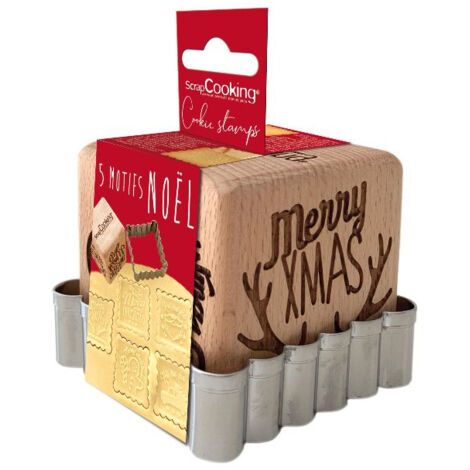 Tampon à Biscuits Bois 5 Décors + Découpoir - Noël - Scrapcooking
