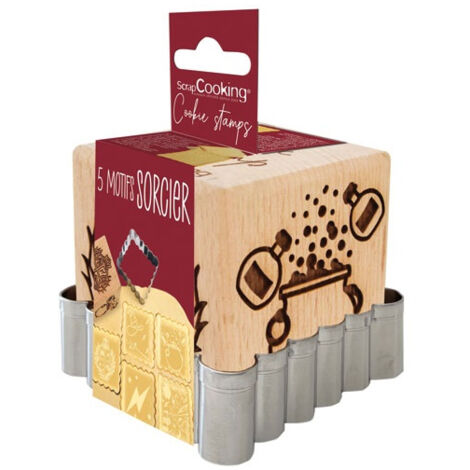 Tampon à Biscuits Bois 5 Décors + Découpoir - Sorcier - Scrapcooking