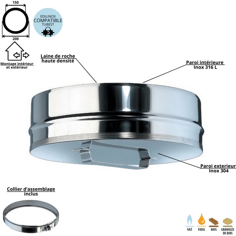 Tampon avec poignée pour conduit double paroi isolé Ediliso25 Edilinox Diamètre 150