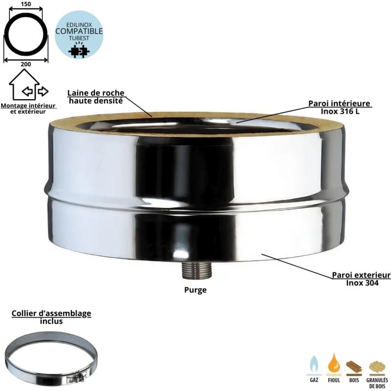 Tampon de purge pour conduit double paroi isolé Ediliso25 Edilinox Diamètre 150