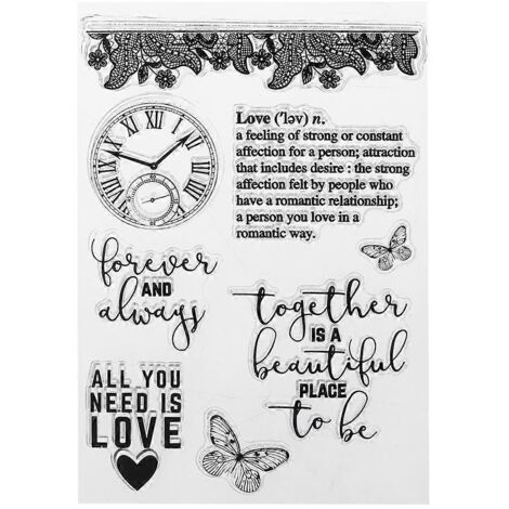 Tampon horloge vintage transparent en PVC avec police fantaisie et jolis motifs pour scrapbooking DIY