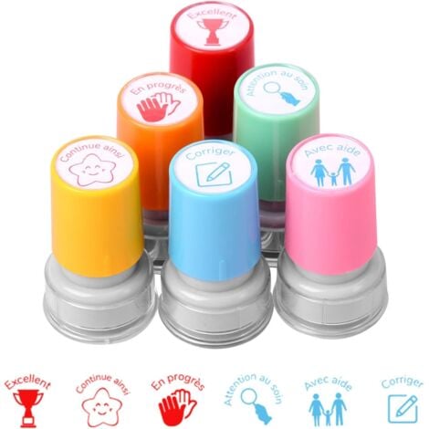 COAVAS Tampons Enseignants Français - 6PCS Plastique Tampon Auto Encreur Enfant - Boîte Tampons Encreurs Enseignants pour Cadeau Professeur - Tampon Ecole Mignon pour Encourager Motiver Élèves