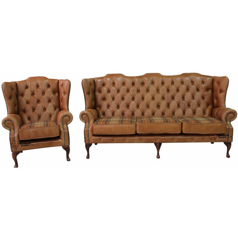 Tan Leather Wool Large Chesterfield High Back Sofa | Made in UK | DesignerSofas4U