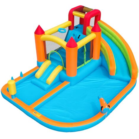 Tanant – Château gonflable avec piscine et toboggan aquatique – Trampoline, panier de basket, pistolet à eau – Charge max 180 kg, 4 enfants – Tissu Oxford imperméable