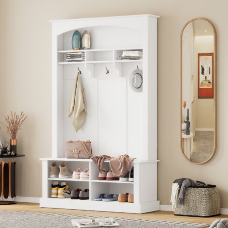Tanant – Ensemble de meubles d'entrée blanc avec banc et étagère à chaussures – Dimensions H190/L120/P40 cm – Matériau aggloméré durable