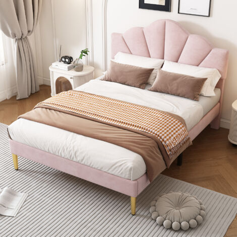 Tanant – Lit double 140x190 cm – Tête de lit réglable en velours – Structure en bois massif et lattes métalliques – Design scandinave rose