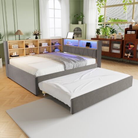 Tanant – Lit gigogne 140x200 cm avec lit inférieur 90x190 cm – Sommier à lattes – Rangement intégré – Lumières LED et ports USB