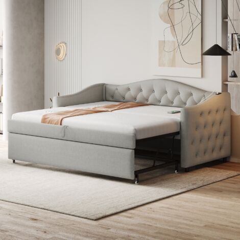 Tanant – Lit gigogne 90x200 cm avec canapé-lit intégré – Dossier riveté – Port USB – Sommier à lattes en tissu lin – Adapté enfants et adolescents – Gris