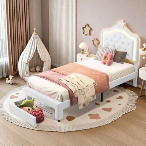 Tanant – Lit simple 90x200 cm avec tiroirs – Tête de lit simili cuir avec éclairage LED – Hauteur réglable 113/118 cm – Blanc