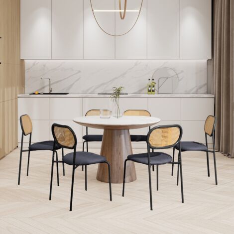 Tanant – Lot de 6 chaises scandinaves – Dossier en rotin, rembourrage confortable – Pieds en fer noir – Pour salle à manger, cuisine, salon
