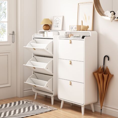 Tanant – Meuble à chaussures blanc avec 3 tiroirs rabattables – Dimensions 63x29x133cm – Rangement pour 18 à 24 paires – MDF robuste