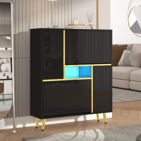 Tanant – Meuble à chaussures noir avec façade brillante et lumière LED 16 couleurs – Dimensions 80x25x96 cm – Design moderne pour entrée ou chambre