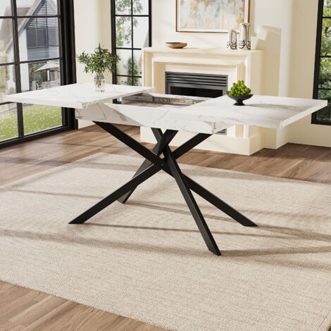 Tanant – Table de salle à manger rétractable 120-160 cm – Cadre en fer croisé noir – Plateau en marbre blanc – Pour 6 à 8 personnes