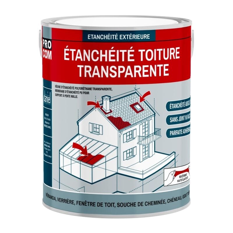 Tanchéité transparente polyuréthane - Résine d'étanchéité transparente toiture, véranda, verrière, serre Procom Transparent 2.5 litres