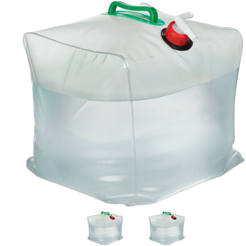 Taniche Pieghevoli, Set da 3, in Plastica Senza bpa, con Manici, Rubinetto, Tappo a Vite, da 20 l, Trasparente - Relaxdays