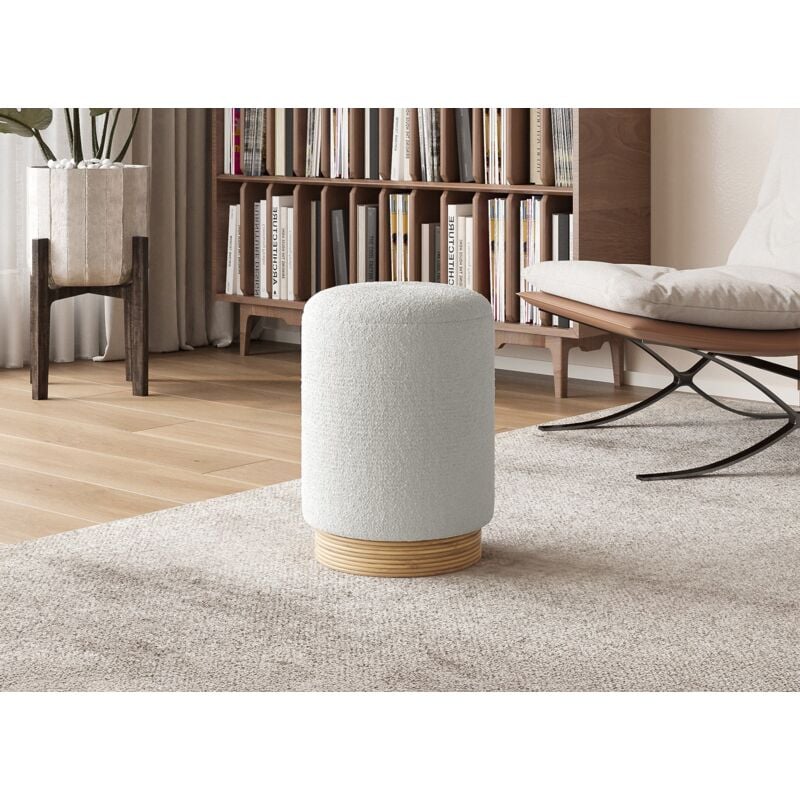 Tany - Pouf en tissu effet peau de mouton blanc écru et bois tany