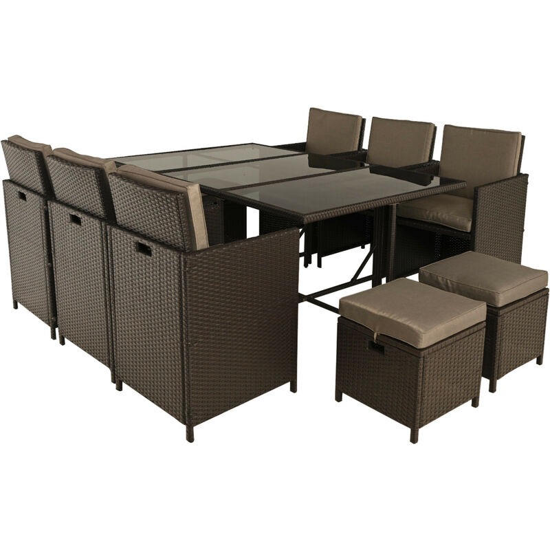 Tao - salon de jardin encastrable 10 places - résine tressée marron - coussins taupe - plateau en verre + housse de protection - marron